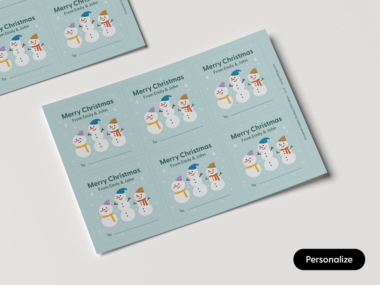 Gift labels featuring three snowmen wearing hats.