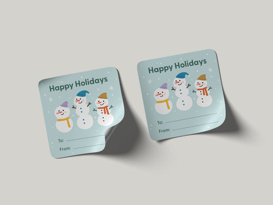 Two square holiday gift labels with three snowman with text, "Happy Holidays."