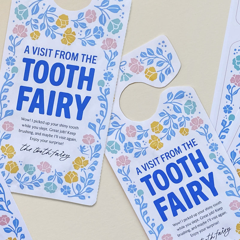 DIY tooth fairy letter door hanger printable featuring blue, pink, yellow, and green florals. 