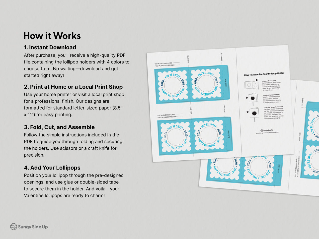 Instructional guide for assembling Valentines Day lollipop candy holders with a blue template design. Includes a step-by-step How it Works section and clearly marked cut and fold lines, perfect for DIY Valentine crafting projects and party favors.