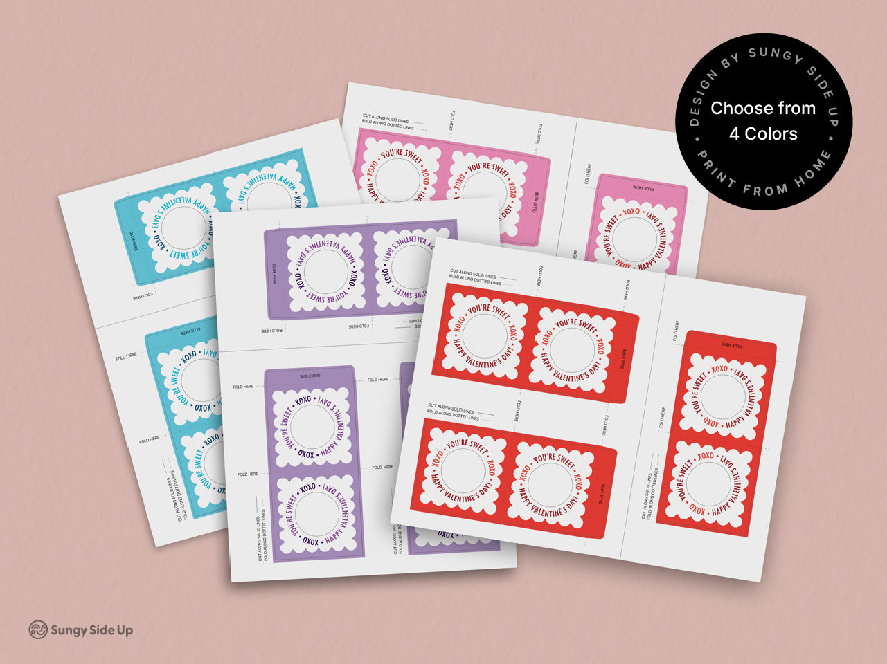 Set of printable Valentines Day lollipop holder templates in four colors: blue, purple, red, and pink. Each sheet includes scalloped designs with cut and fold lines for easy DIY assembly, perfect for creating personalized Valentines Day candy.