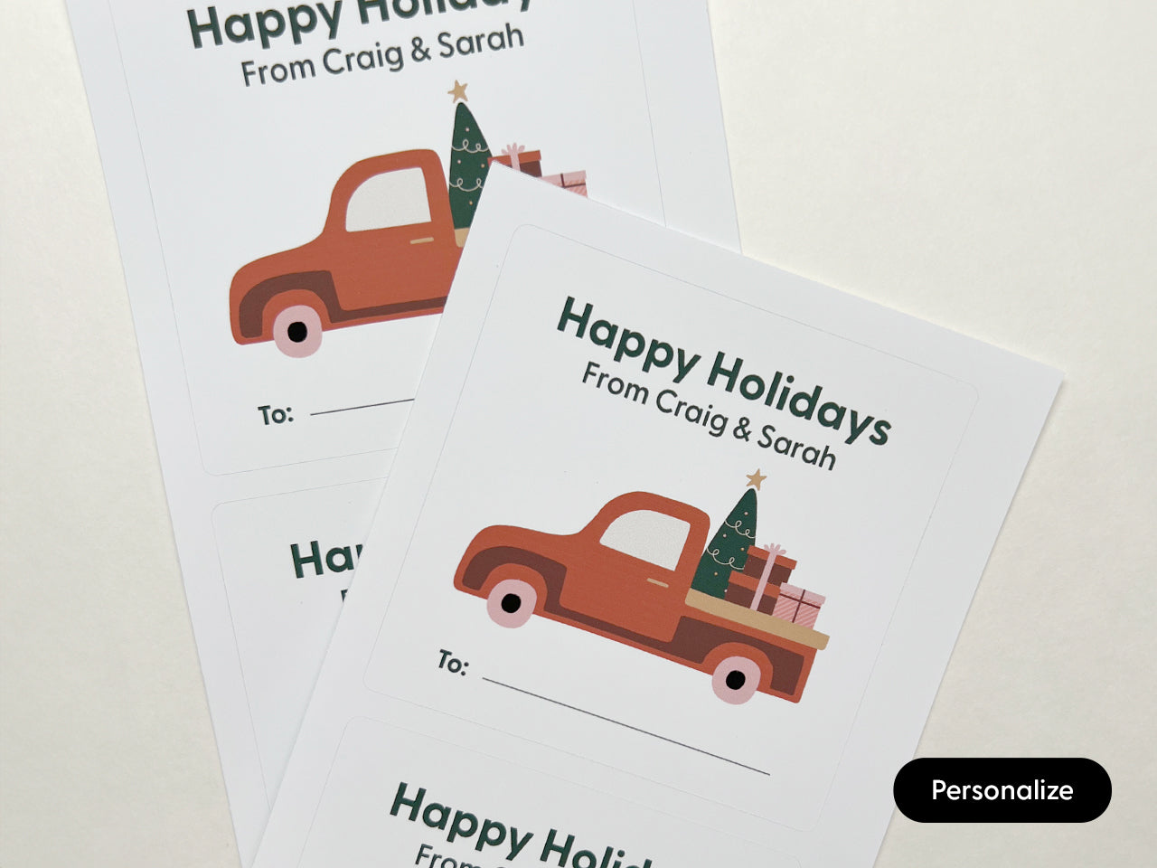 Close up view of personalized holiday stickers