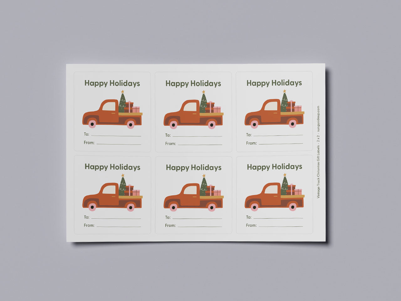 Rounded corner square holiday gift labels with vintage truck