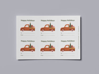 Rounded corner square holiday gift labels with vintage truck