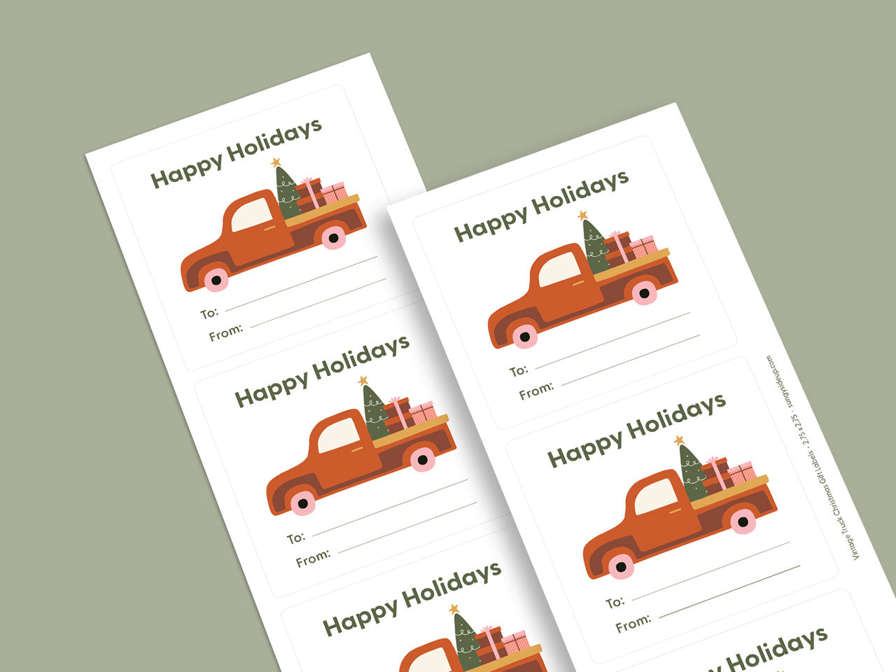 Upclose view of holiday gift labels featuring vintage truck.