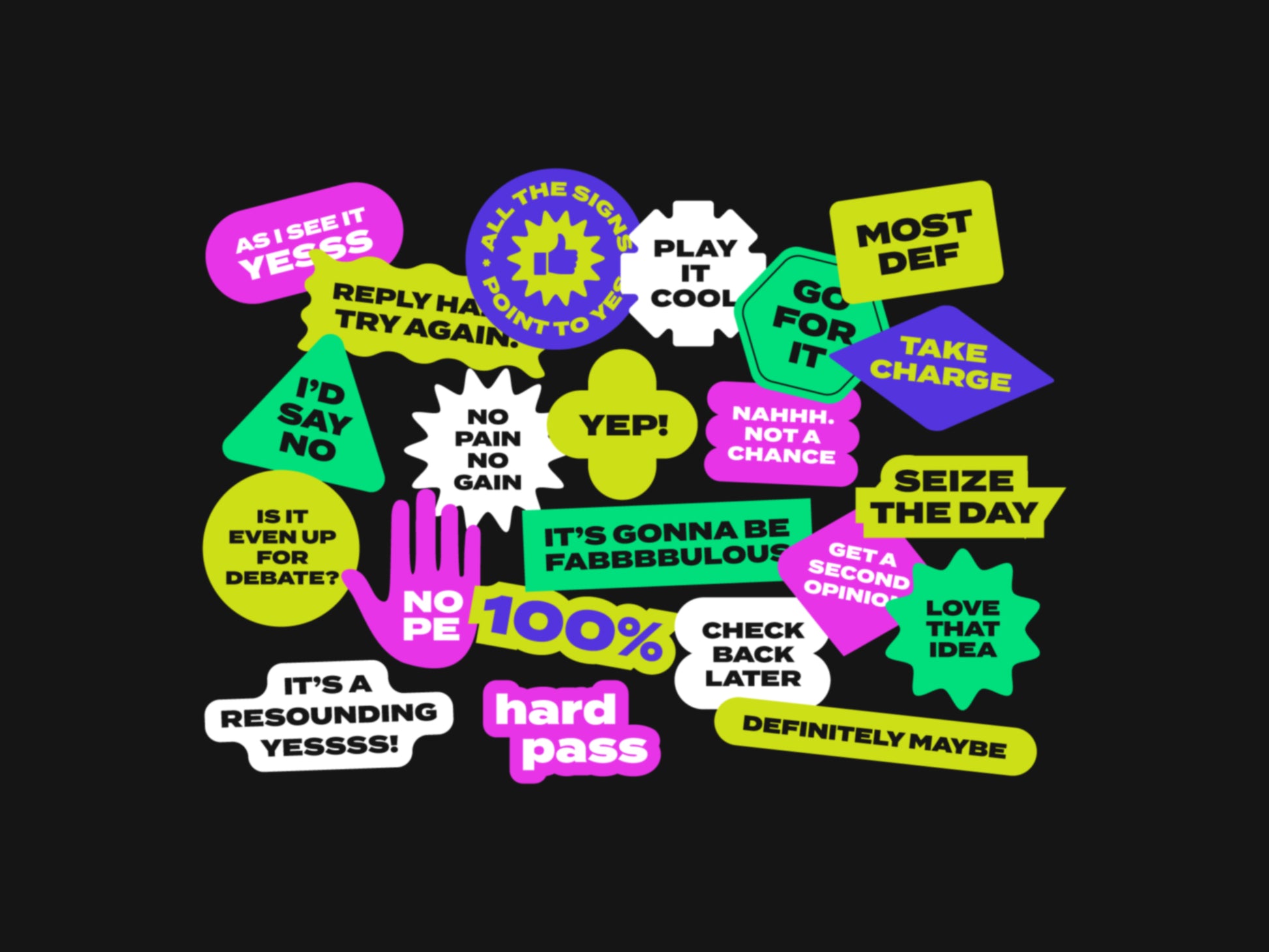 A collection of colorful, die-cut digital stickers in various shapes with yes or no quotes and phrases, overlapping each other on a solid black background.