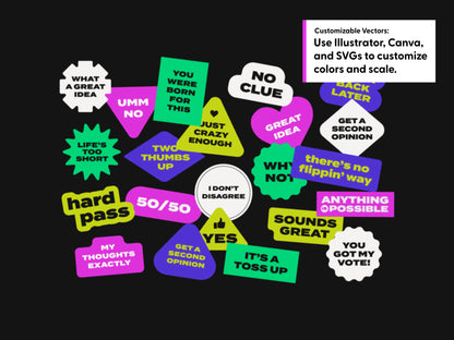 A collage of brightly colored digital stickers with yes or no type phrases on a black background, plus a white text box in the top right explaining customizable vectors in Illustrator, Canva, and SVGs.