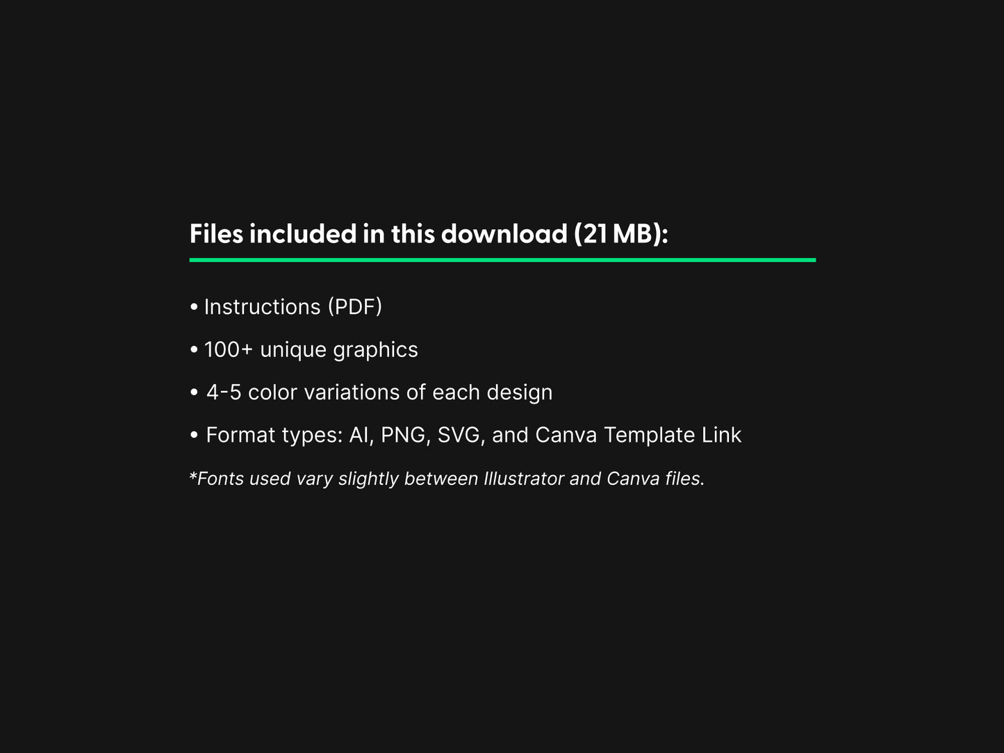 A text slide listing what the digital download includes: PDF instructions, 100+ unique graphics, 4-5 color variations of each design, and format types AI, PNG, SVG, and Canva Template Link.