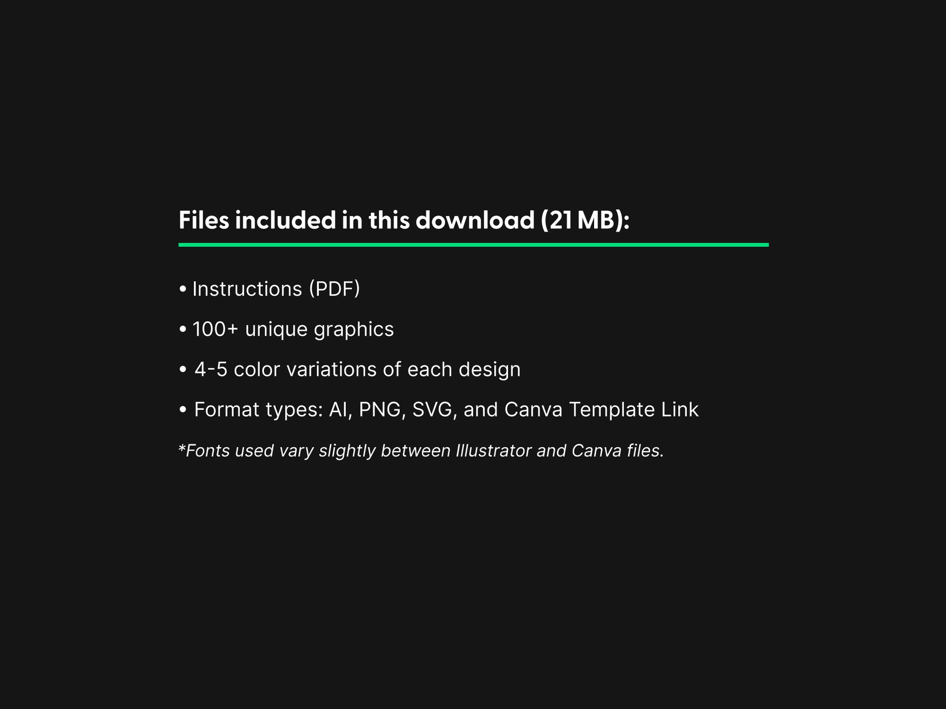A text slide listing what the digital download includes: PDF instructions, 100+ unique graphics, 4-5 color variations of each design, and format types AI, PNG, SVG, and Canva Template Link.