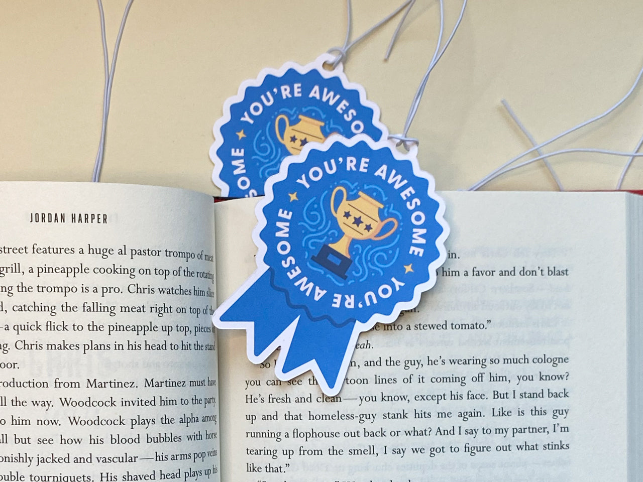 Two blue ribbon-shaped gift tags with the words You’re Awesome and a golden trophy illustration are draped over the open pages of a book. The tags are tied with thin white strings.